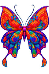 Colorful ornamental butterfly illustration with vibrant patterns in red, orange, blue, and green, isolated on white, ideal for decorative designs, nature art, and creative projects.