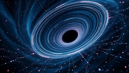 Obraz premium A black hole distorting space-time with quantum particles dancing harmoniously around it.