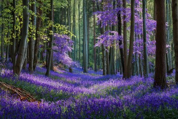 Forest floor blanketed in vibrant bluebells