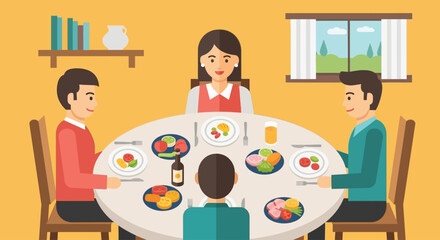 Family of four sitting around a table, enjoying a meal together in a bright, cheerful dining room.