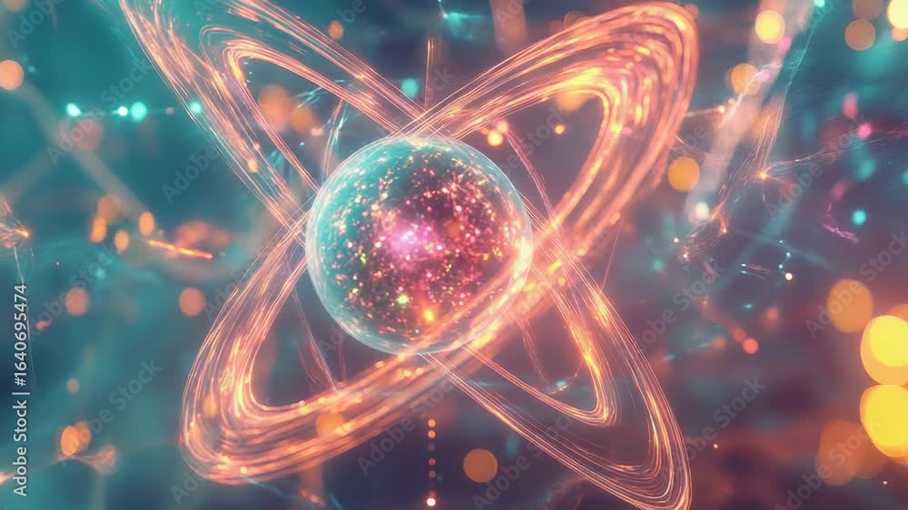Poster glowing particles orbiting around energy core creating futuristic atom model