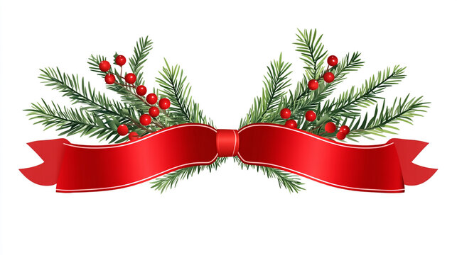 A christmas decoration with a red ribbon, pine branches, and red berries on a white background - Powered by Adobe