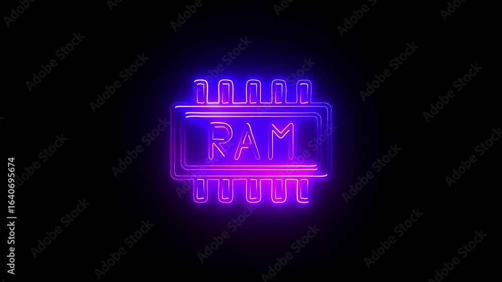 Poster neon ram chip icon memory module symbol representing computer hardware, speed, and digital performan