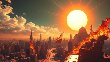 Naklejka premium A surreal melting cityscape under an oversized sun, distorted by intense heat waves.