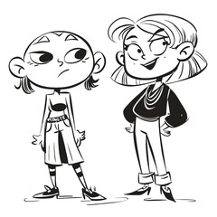 fashionable women in a 1950s-inspired black-and-white cartoon style, bold lines, confident poses, one in a skirt suit, the other in a short skirt and sweater, mid-century modern illustration style