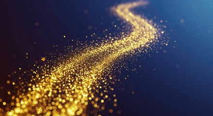 Golden Glitter Trail on Dark Blue Background Abstract Sparkle Design.