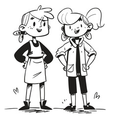 fashionable women in a 1950s-inspired black-and-white cartoon style, bold lines, confident poses, one in a skirt suit, the other in a short skirt and sweater, mid-century modern illustration style