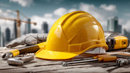 A yellow hard hat and construction tools on a wooden surface with city buildings behind it