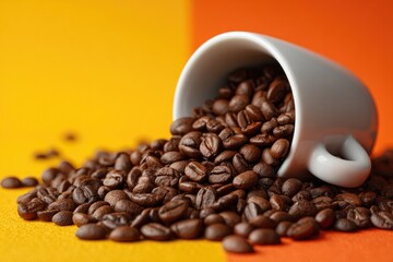 Fototapeta premium Coffee beans spilling from a white cup