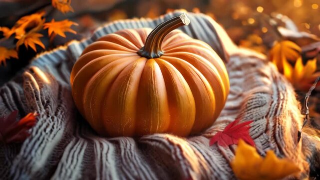 video of Bright orange pumpkin resting on a cozy knitted sweater, showcasing autumn warmth and rich texture in a seasonal setting