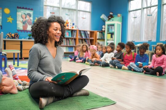 Smiling teacher reading a storybook to a group of attentive children in a colorful classroom with educational posters on the cabinets. - Powered by Adobe