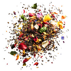 Colorful mix of loose leaf tea with flower petals on a dark transparent background