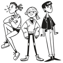 fashionable women in a 1950s-inspired black-and-white cartoon style, bold lines, confident poses, one in a skirt suit, the other in a short skirt and sweater, mid-century modern illustration style