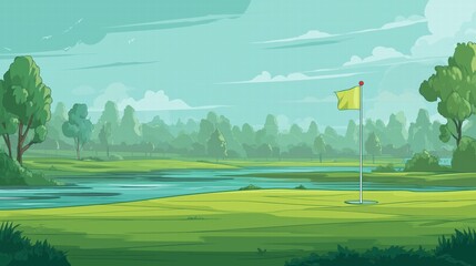 Serene pastel golf course illustration: green fairway, yellow flag hole, winding river and misty trees under light blue sky for peaceful outdoor sport setting.