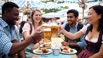 Diverse group of young men and women in traditional costume toasting beer mugs at outdoor festival footage.