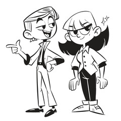 fashionable women in a 1950s-inspired black-and-white cartoon style, bold lines, confident poses, one in a skirt suit, the other in a short skirt and sweater, mid-century modern illustration style