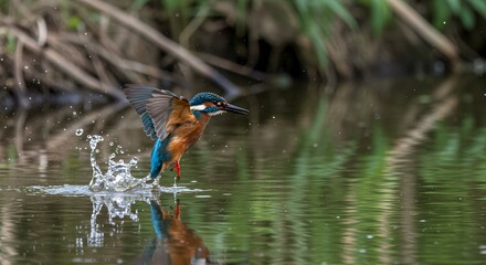 Kingfisher diving into river to catch fish