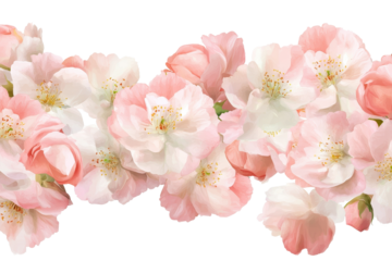 Delicate sakura blossom border for decorative purposes featuring soft pink and white petals intertwined with lush greenery