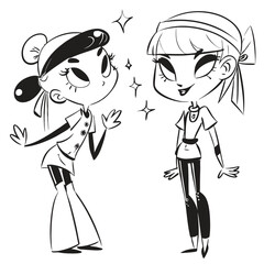 fashionable women in a 1950s-inspired black-and-white cartoon style, bold lines, confident poses, one in a skirt suit, the other in a short skirt and sweater, mid-century modern illustration style
