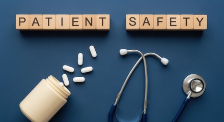 Patient safety concept: Pills, bottle, stethoscope and wooden blocks spelling Patient Safety on dark blue backdrop