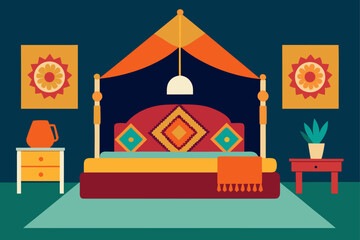 bohemian bedroom with patterned textiles