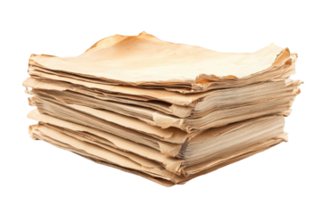 Close up of a neat stack of papers arranged on a clean white surface showcasing their textured edges and varying shades of brown indicating age and usage