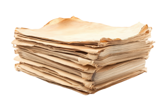 Close up of a neat stack of papers arranged on a clean white surface showcasing their textured edges and varying shades of brown indicating age and usage