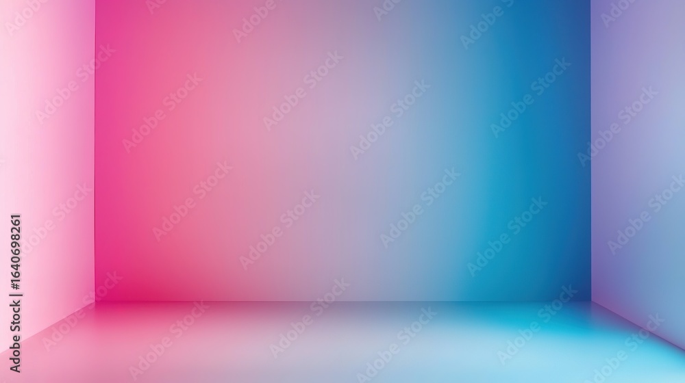 Poster a minimalist empty room illuminated with gradient lighting transitioning from pink to blue, creating