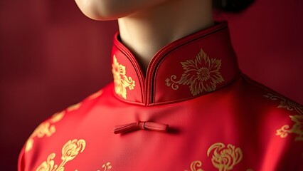 Silk qipao collar embroidered with peony and star patterns, showcasing ceremonial elegance.