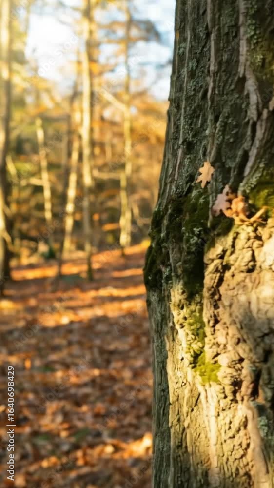 Poster tree trunk closeup with moss and fallen leaves in autumn forest with soft golden sunlight background