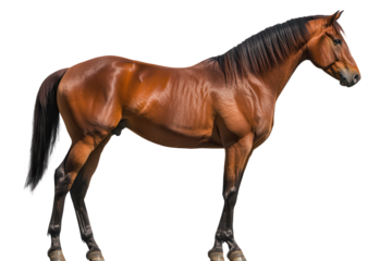 Brown horse standing tall with a shiny coat on a transparent background showcasing its muscular build and elegant features in pristine condition