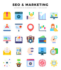 Set of simple Flat SEO & MARKETING Icons. Flat art icons pack. Vector illustration.