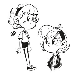 fashionable women in a 1950s-inspired black-and-white cartoon style, bold lines, confident poses, one in a skirt suit, the other in a short skirt and sweater, mid-century modern illustration style