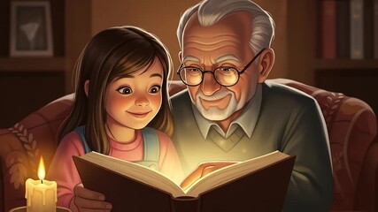 Grandfather and Granddaughter Share a Magical Storybook Moment by Candlelight. - Powered by Adobe