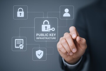 Public Key Infrastructure: Cybersecurity Technology Interface Concept with Businessman Pointing on the Screen and Activating System