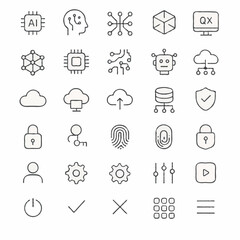 Fototapeta premium Outline vector icons illustrating modern technology concepts such as artificial intelligence