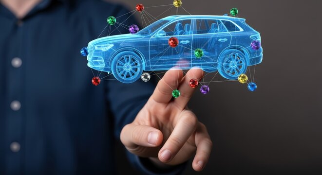 Automotive Technology Interface: Man Interacting with Holographic Car Representation, showcasing modern vehicle engineering and futuristic digital integration