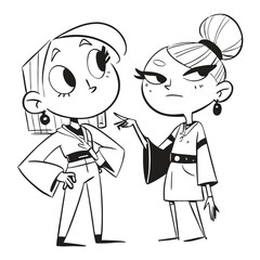 fashionable women in a 1950s-inspired black-and-white cartoon style, bold lines, confident poses, one in a skirt suit, the other in a short skirt and sweater, mid-century modern illustration style