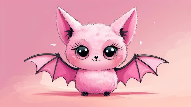 video of Adorable pink cartoon bat with large eyes and a fluffy texture against a pink background