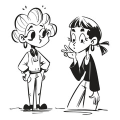 fashionable women in a 1950s-inspired black-and-white cartoon style, bold lines, confident poses, one in a skirt suit, the other in a short skirt and sweater, mid-century modern illustration style