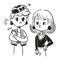 fashionable women in a 1950s-inspired black-and-white cartoon style, bold lines, confident poses, one in a skirt suit, the other in a short skirt and sweater, mid-century modern illustration style