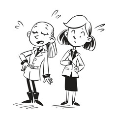 fashionable women in a 1950s-inspired black-and-white cartoon style, bold lines, confident poses, one in a skirt suit, the other in a short skirt and sweater, mid-century modern illustration style