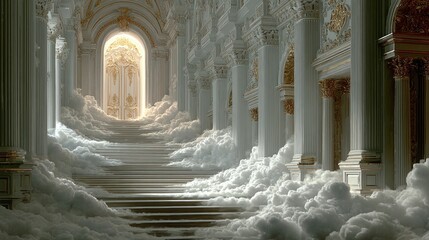 Majestic stairway to light, veiled in clouds, within a grand, ornate hall