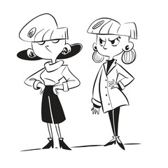 fashionable women in a 1950s-inspired black-and-white cartoon style, bold lines, confident poses, one in a skirt suit, the other in a short skirt and sweater, mid-century modern illustration style