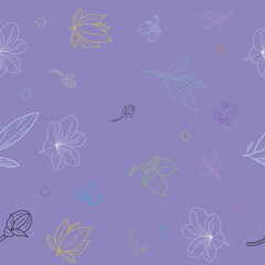 Vector Colorful Line Art Flower and Leaf Pattern on Purple Background

