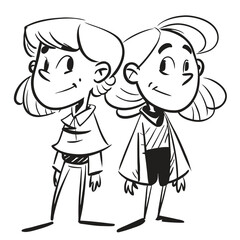 fashionable women in a 1950s-inspired black-and-white cartoon style, bold lines, confident poses, one in a skirt suit, the other in a short skirt and sweater, mid-century modern illustration style