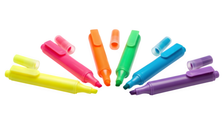 Vibrant collection of colorful highlighter pens with caps off, perfect for study, work, and creative projects, capturing attention and enhancing organization.