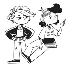 fashionable women in a 1950s-inspired black-and-white cartoon style, bold lines, confident poses, one in a skirt suit, the other in a short skirt and sweater, mid-century modern illustration style