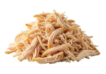 Perfectly shredded, tender, moist golden-brown cooked chicken with long fibers, isolated on a seamless transparent background with creamy bokeh, soft studio lighting. Appetizing food concept