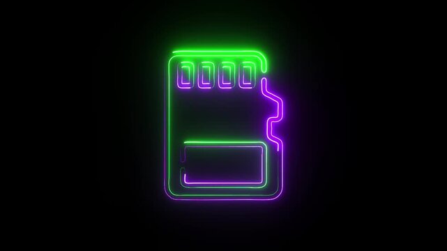 Glowing Neon SD Memory Card Icon &ndash; Futuristic Digital Storage Symbol on with black background.
